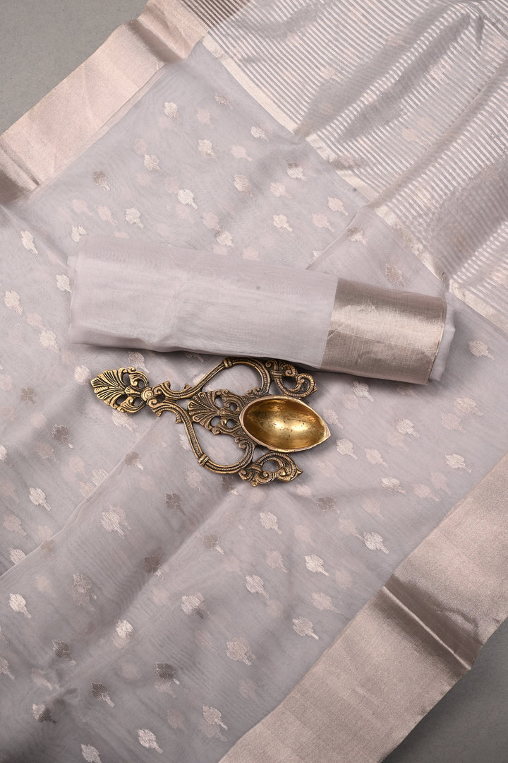 Grey Chanderi Silk Saree with Silver Zari Buttas and Zari Border | SHOBITAM