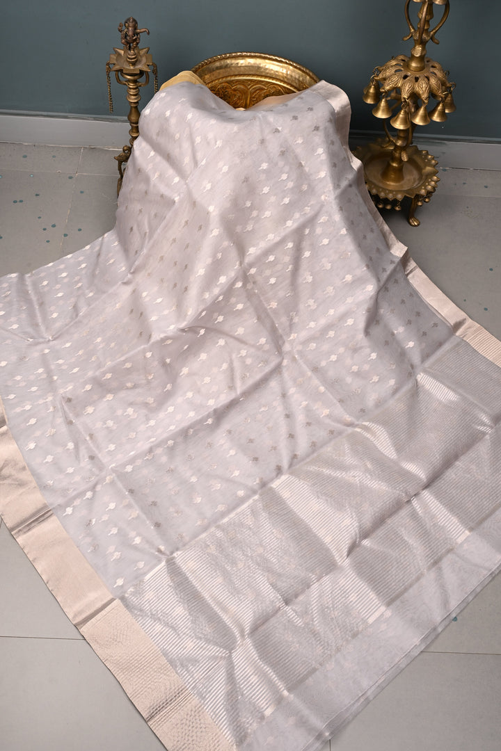 Grey Chanderi Silk Saree with Silver Zari Buttas and Zari Border | SHOBITAM