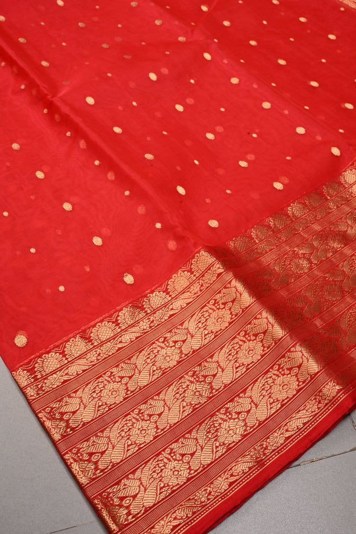 Red Chanderi Silk Saree with Zari Buttas and Zari Border | SHOBITAM