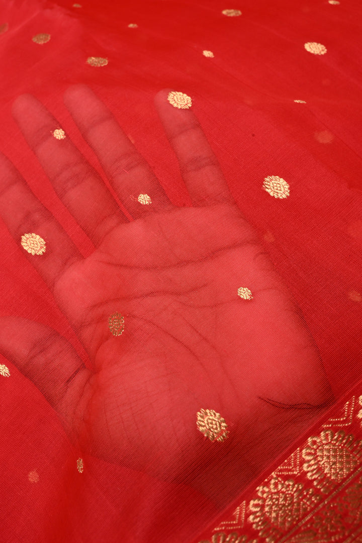 Red Chanderi Silk Saree with Zari Buttas and Zari Border | SHOBITAM
