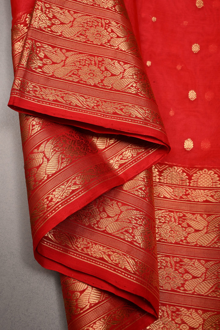 Red Chanderi Silk Saree with Zari Buttas and Zari Border | SHOBITAM