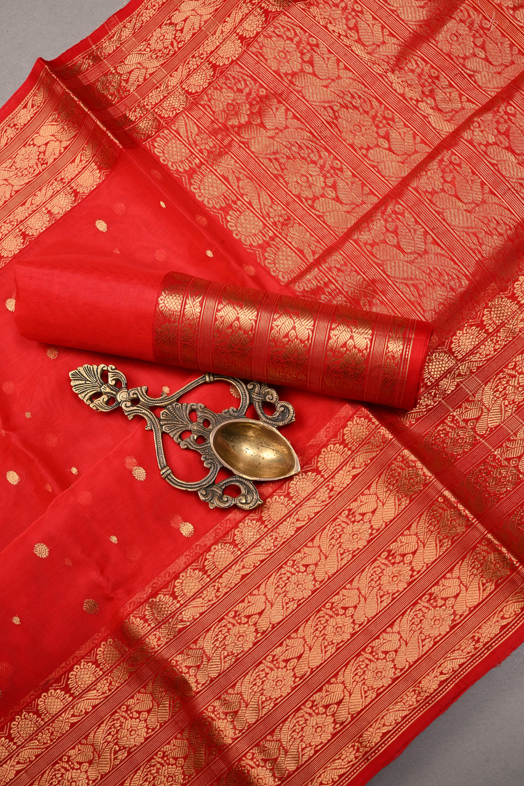 Red Chanderi Silk Saree with Zari Buttas and Zari Border | SHOBITAM