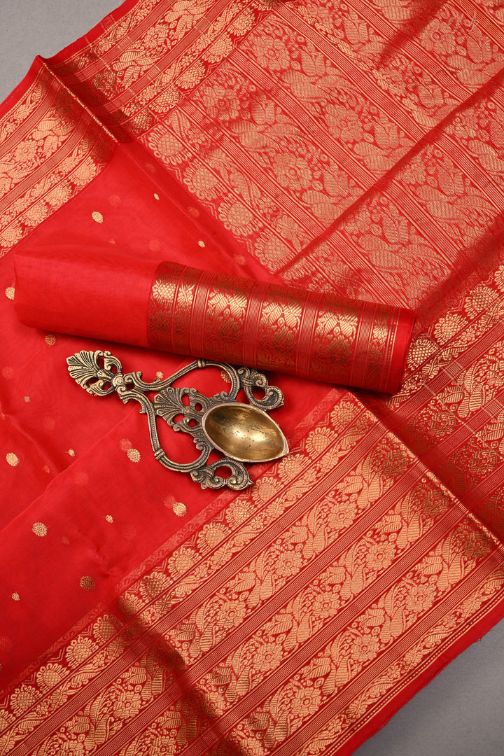 Red Chanderi Silk Saree with Zari Buttas and Zari Border | SHOBITAM