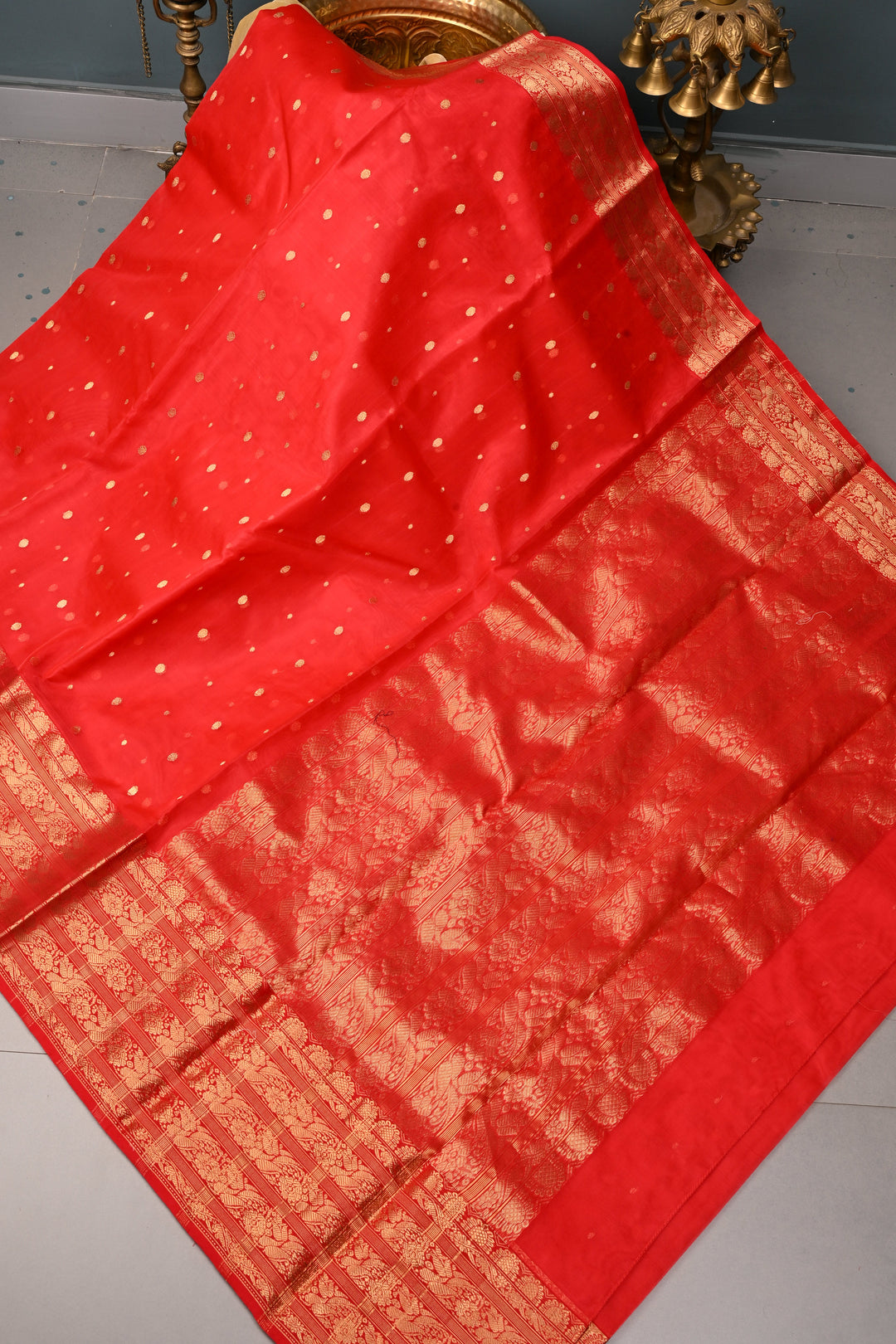 Red Chanderi Silk Saree with Zari Buttas and Zari Border | SHOBITAM