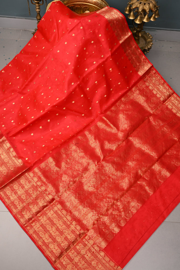 Red Chanderi Silk Saree with Zari Buttas and Zari Border | SHOBITAM