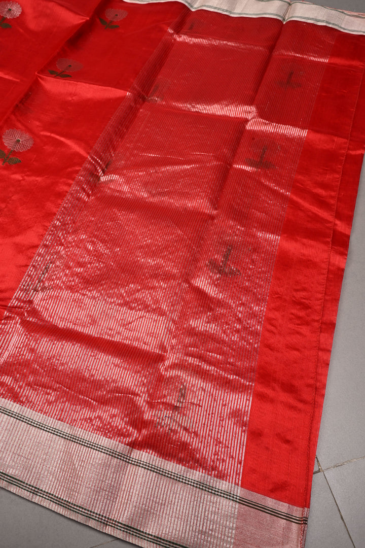 Red Chanderi Silk Saree with Meenakari  Flower Butta and Zari Border | SHOBITAM