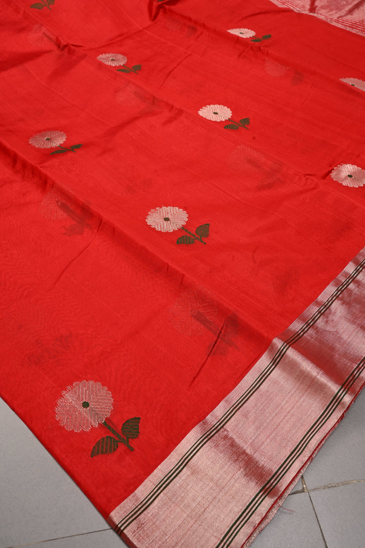 Red Chanderi Silk Saree with Meenakari  Flower Butta and Zari Border | SHOBITAM