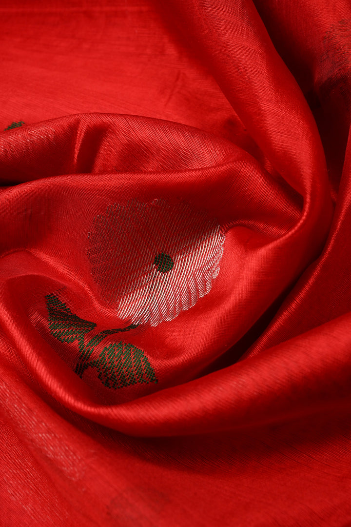 Red Chanderi Silk Saree with Meenakari  Flower Butta and Zari Border | SHOBITAM