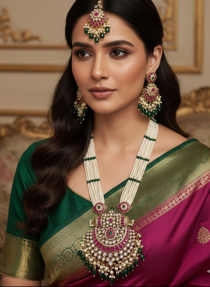 Gold Plated Long Bridal Polki Stone Necklace Set | SHOBITAM