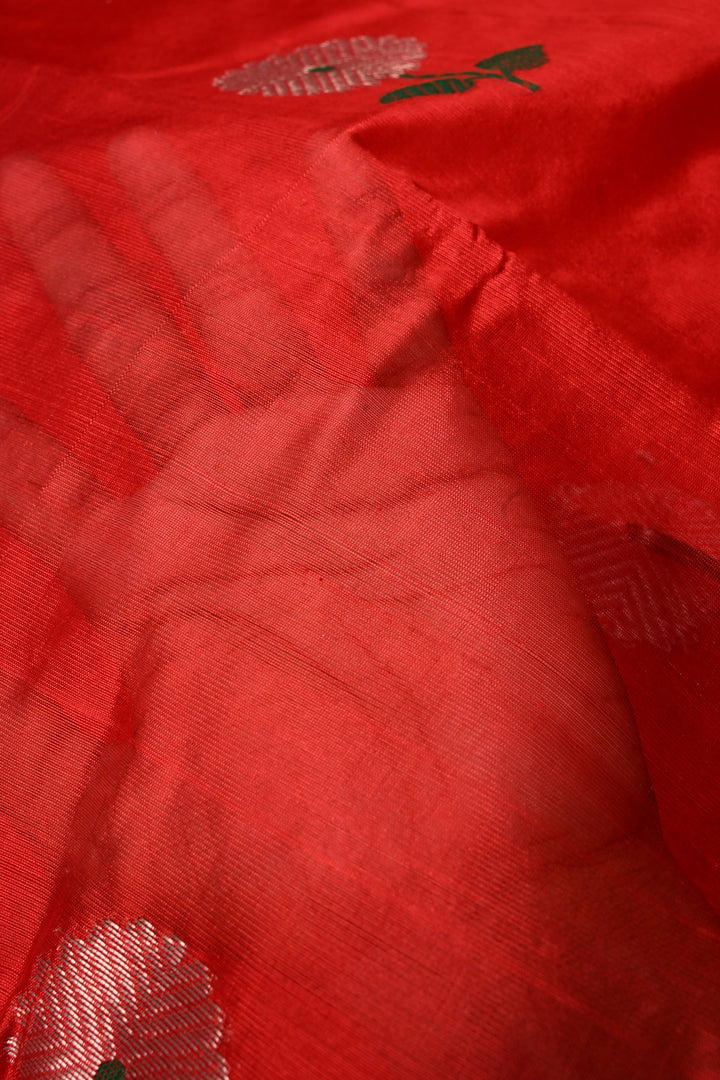 Red Chanderi Silk Saree with Meenakari  Flower Butta and Zari Border | SHOBITAM