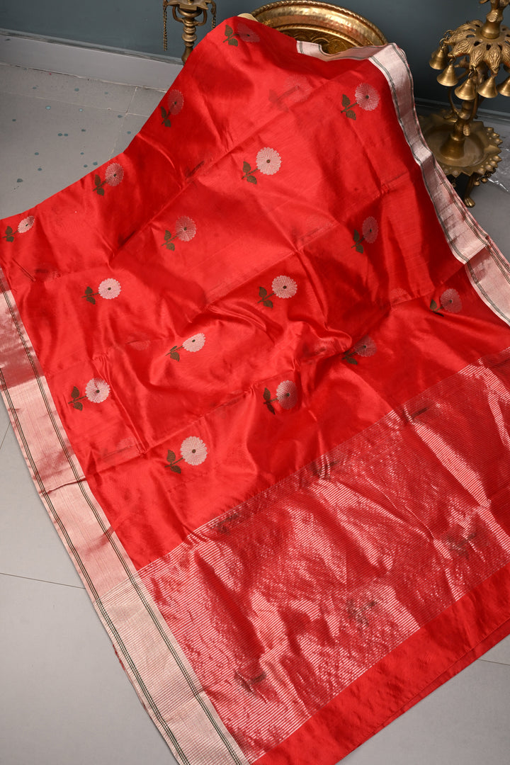 Red Chanderi Silk Saree with Meenakari  Flower Butta and Zari Border | SHOBITAM