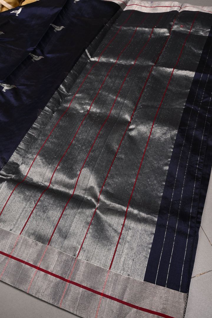Midnight Blue Chanderi Silk Saree with Silver Zari Birds Motifs and Tissue Zari Border | SHOBITAM