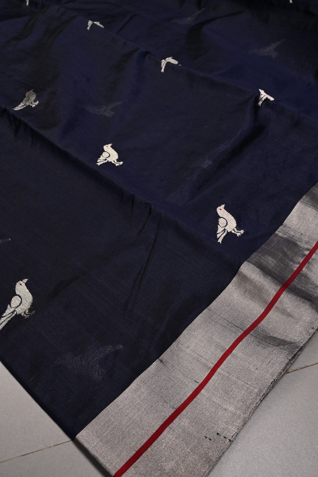 Midnight Blue Chanderi Silk Saree with Silver Zari Birds Motifs and Tissue Zari Border | SHOBITAM