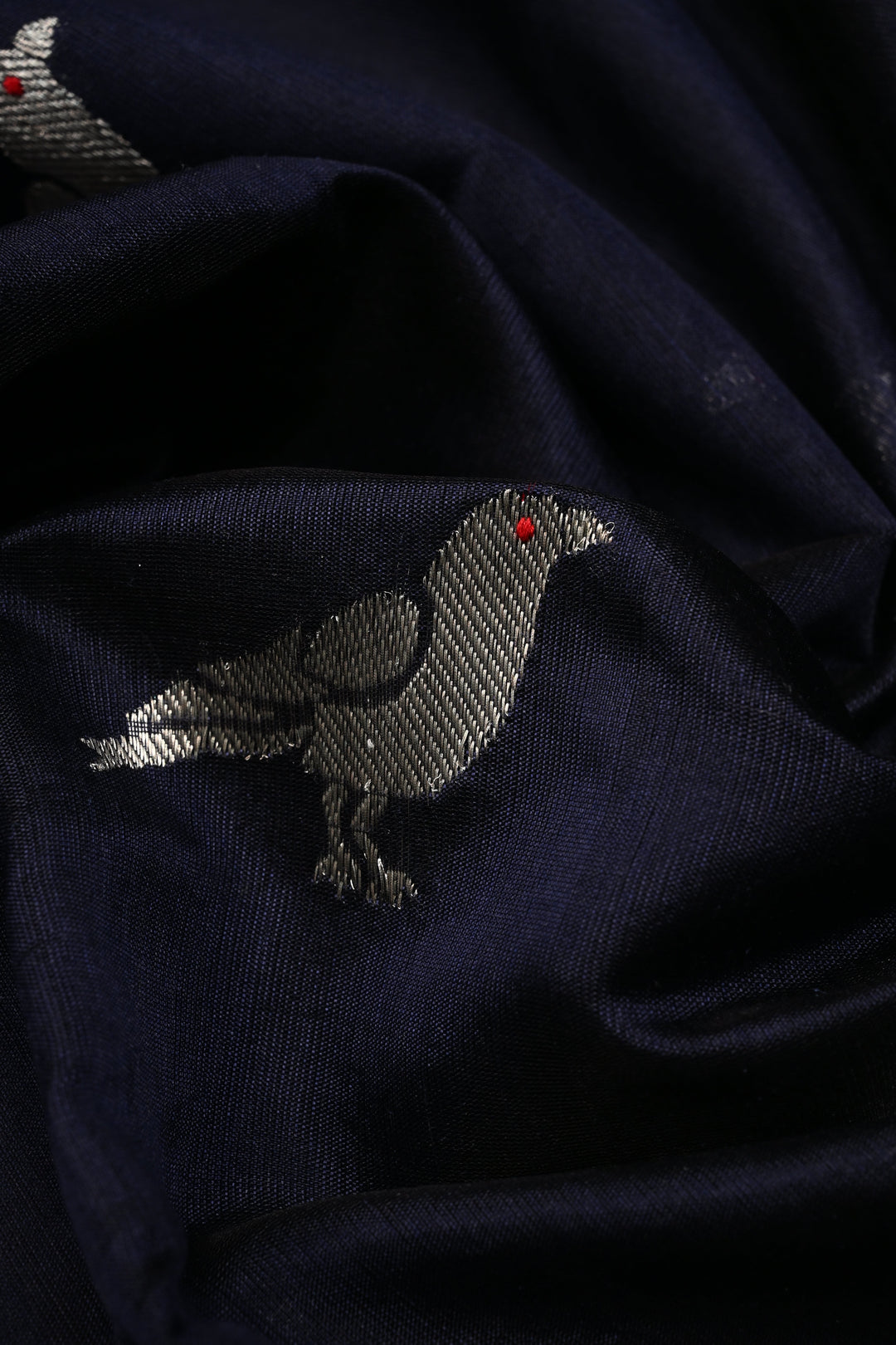 Midnight Blue Chanderi Silk Saree with Silver Zari Birds Motifs and Tissue Zari Border | SHOBITAM