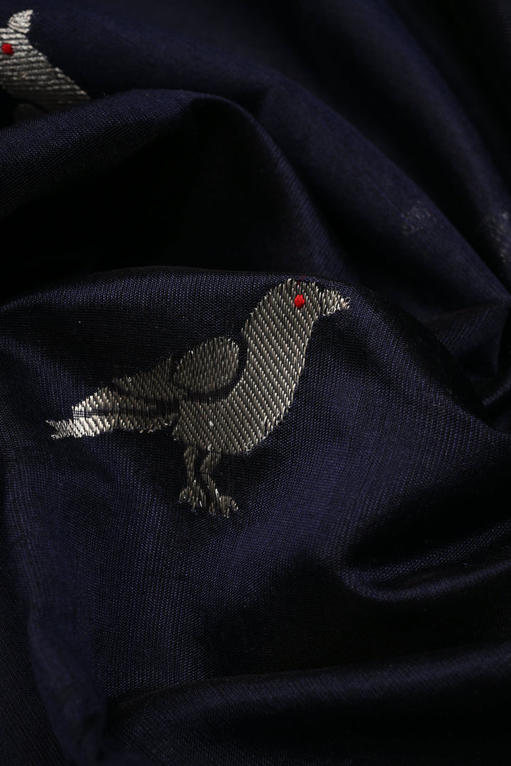 Midnight Blue Chanderi Silk Saree with Silver Zari Birds Motifs and Tissue Zari Border | SHOBITAM