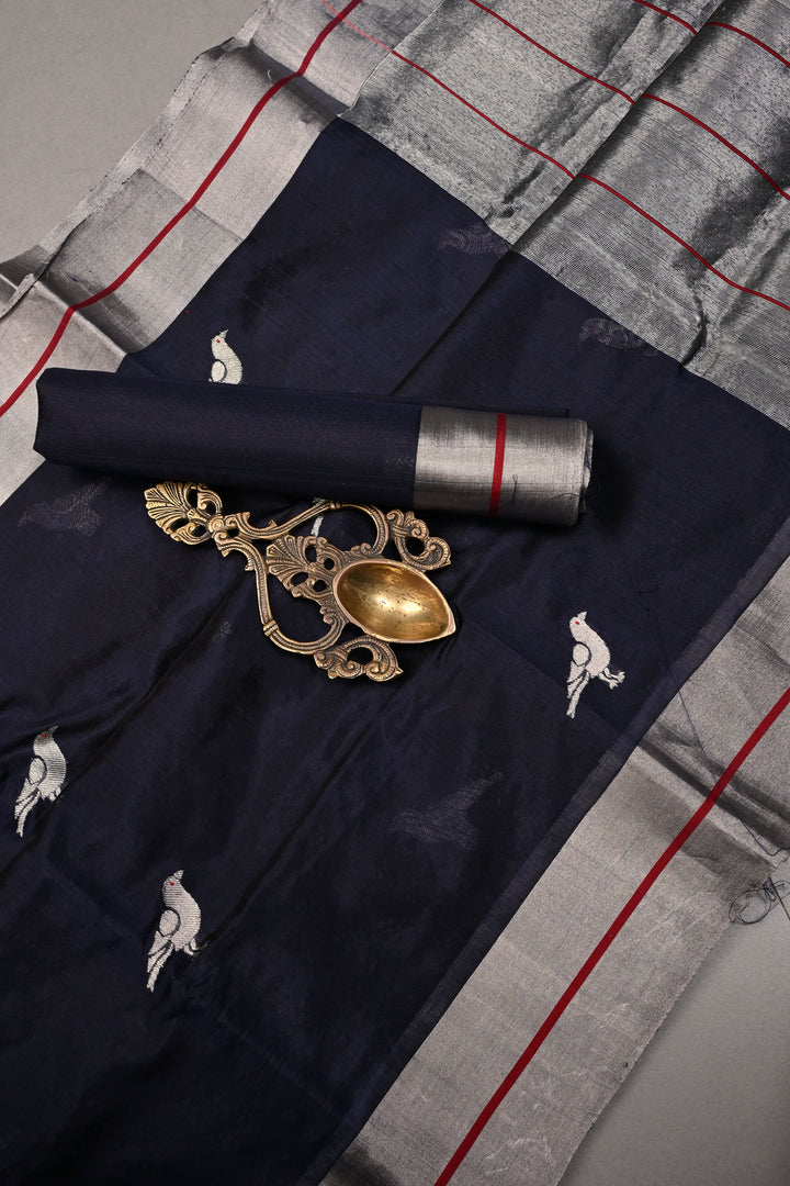 Midnight Blue Chanderi Silk Saree with Silver Zari Birds Motifs and Tissue Zari Border | SHOBITAM