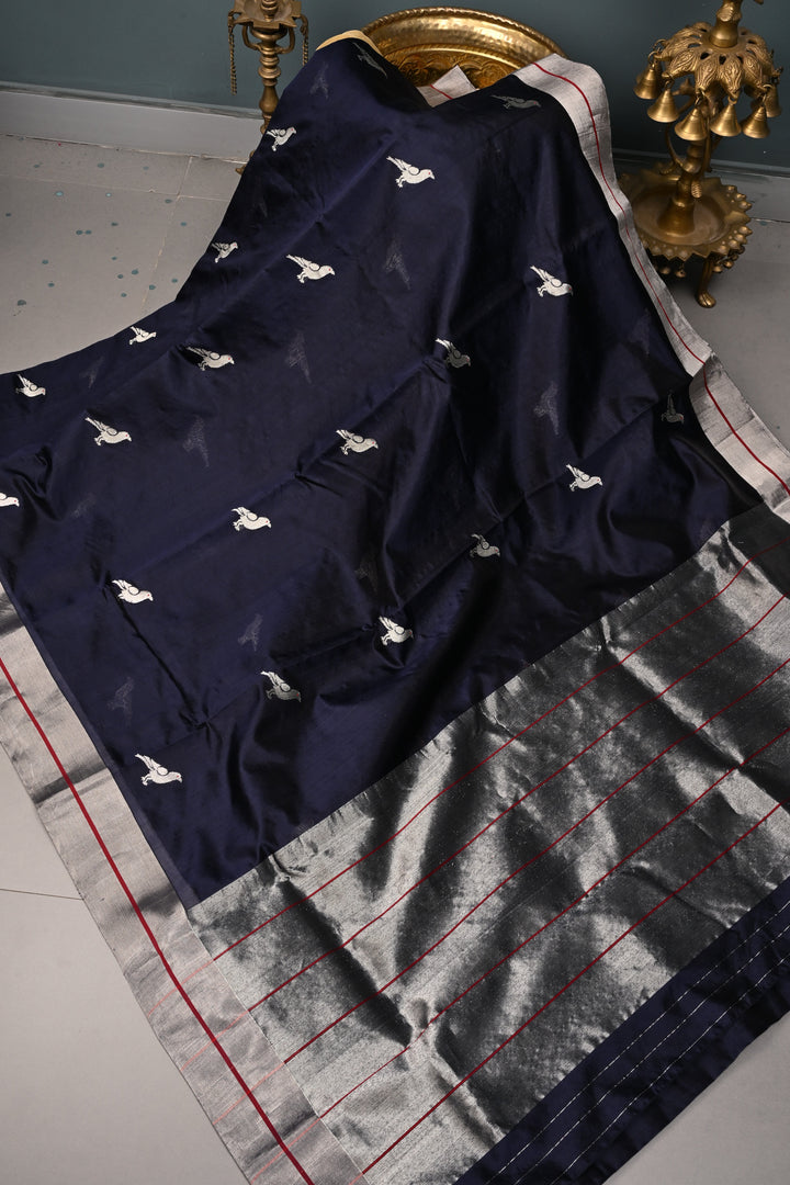 Midnight Blue Chanderi Silk Saree with Silver Zari Birds Motifs and Tissue Zari Border | SHOBITAM
