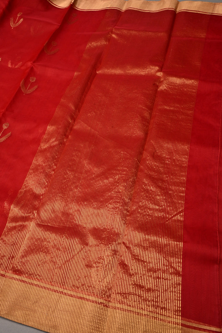 Blood Red Chanderi Silk Saree with Meenakari  Floral Zari Buttas and Tissue Zari Border | SHOBITAM