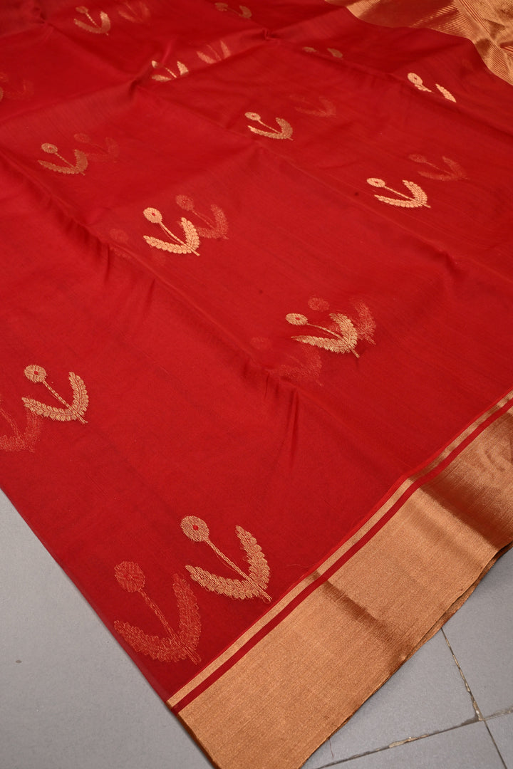 Blood Red Chanderi Silk Saree with Meenakari  Floral Zari Buttas and Tissue Zari Border | SHOBITAM