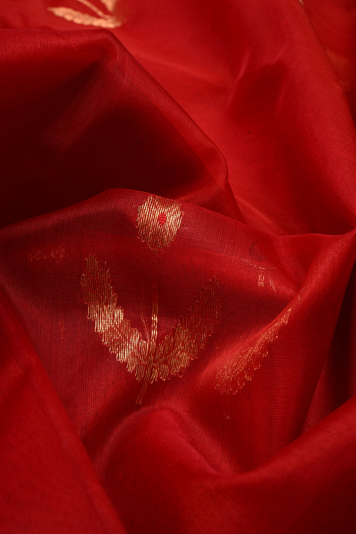 Blood Red Chanderi Silk Saree with Meenakari  Floral Zari Buttas and Tissue Zari Border | SHOBITAM