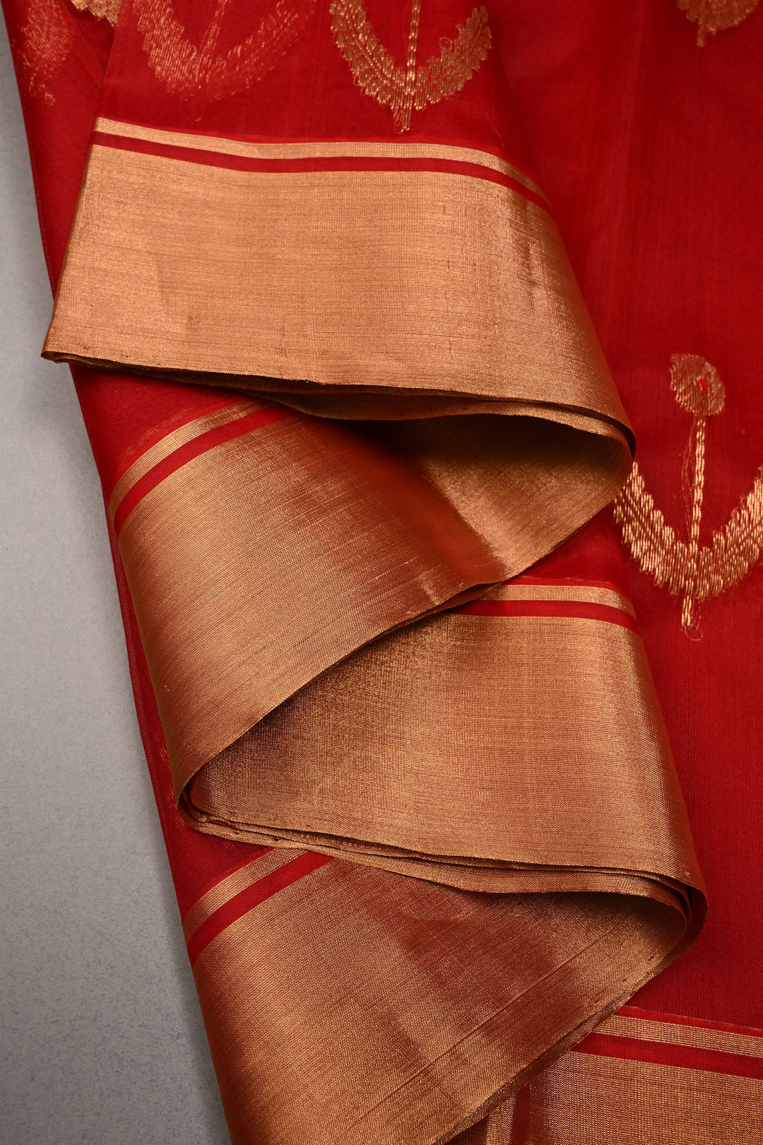 Blood Red Chanderi Silk Saree with Meenakari  Floral Zari Buttas and Tissue Zari Border | SHOBITAM