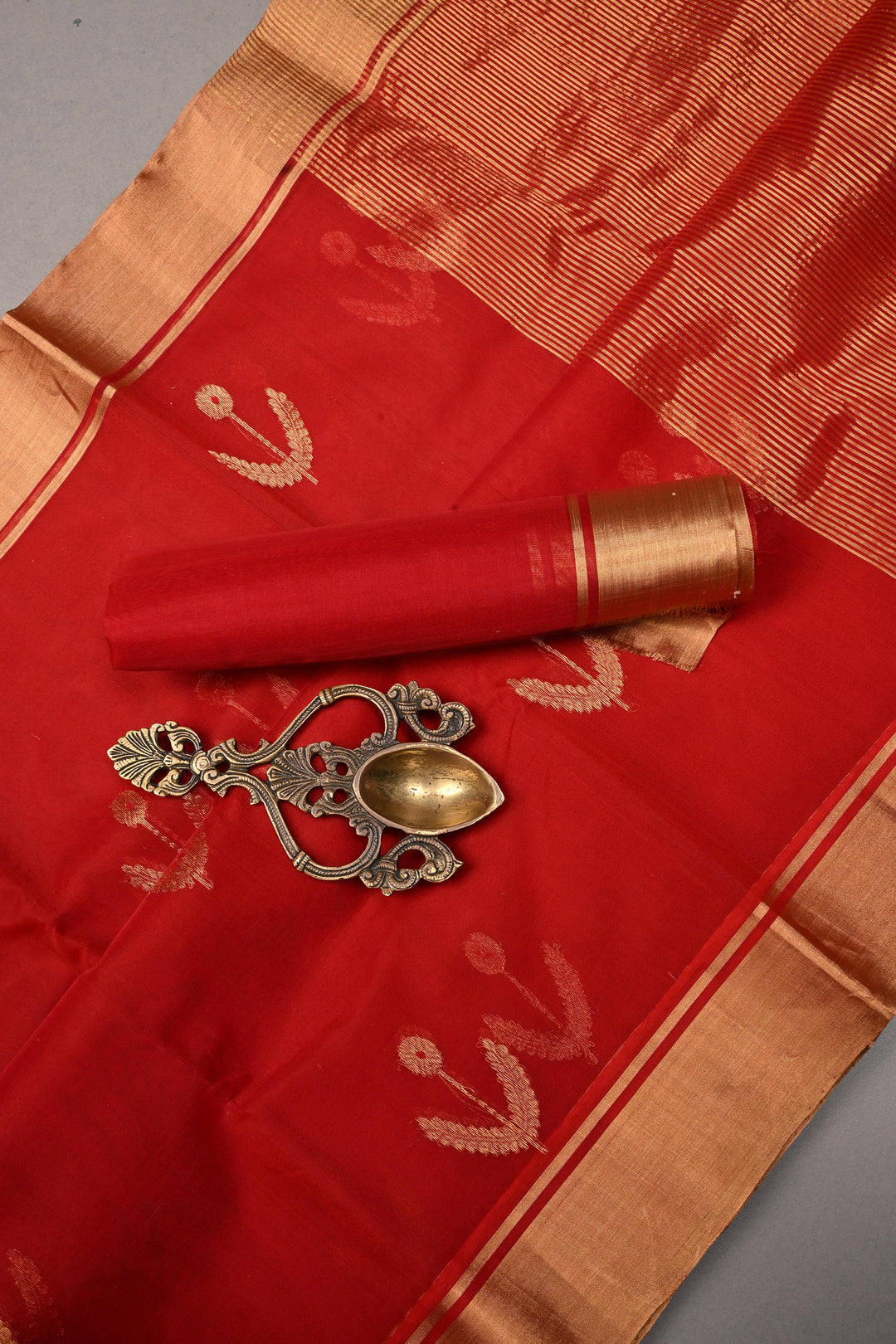 Blood Red Chanderi Silk Saree with Meenakari  Floral Zari Buttas and Tissue Zari Border | SHOBITAM