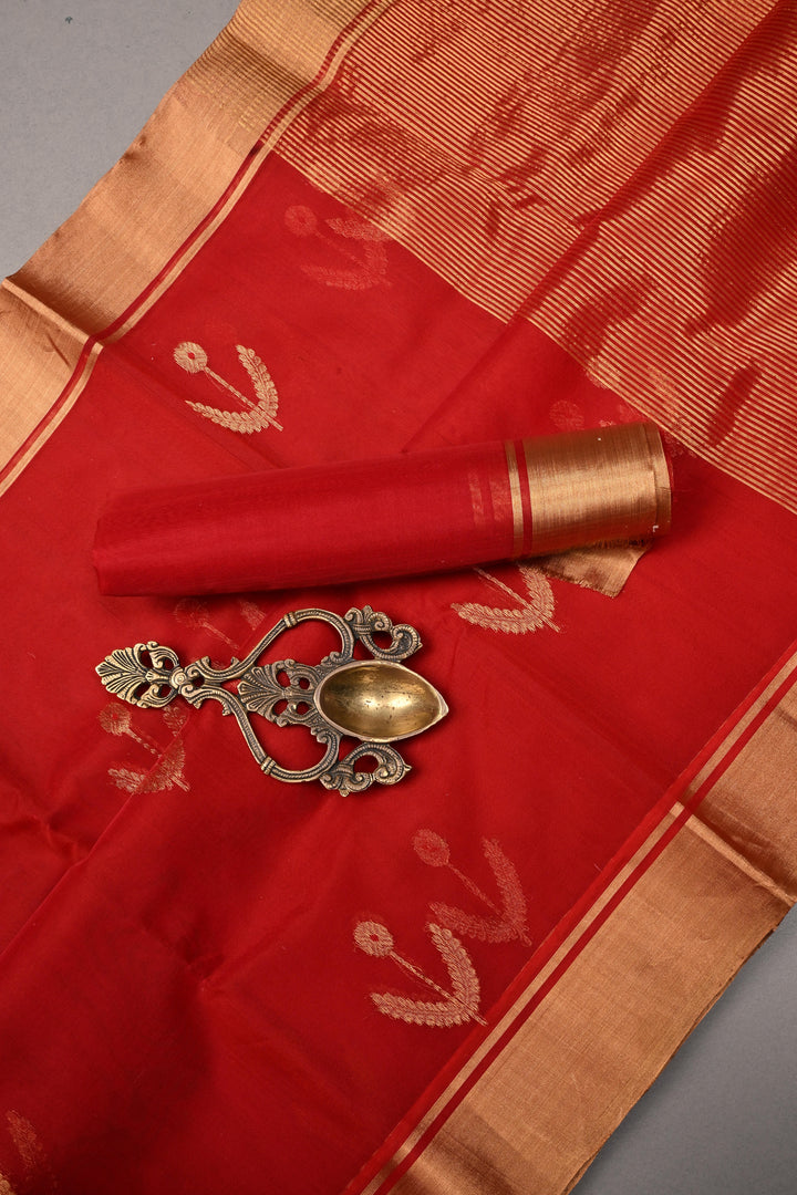 Blood Red Chanderi Silk Saree with Meenakari  Floral Zari Buttas and Tissue Zari Border | SHOBITAM