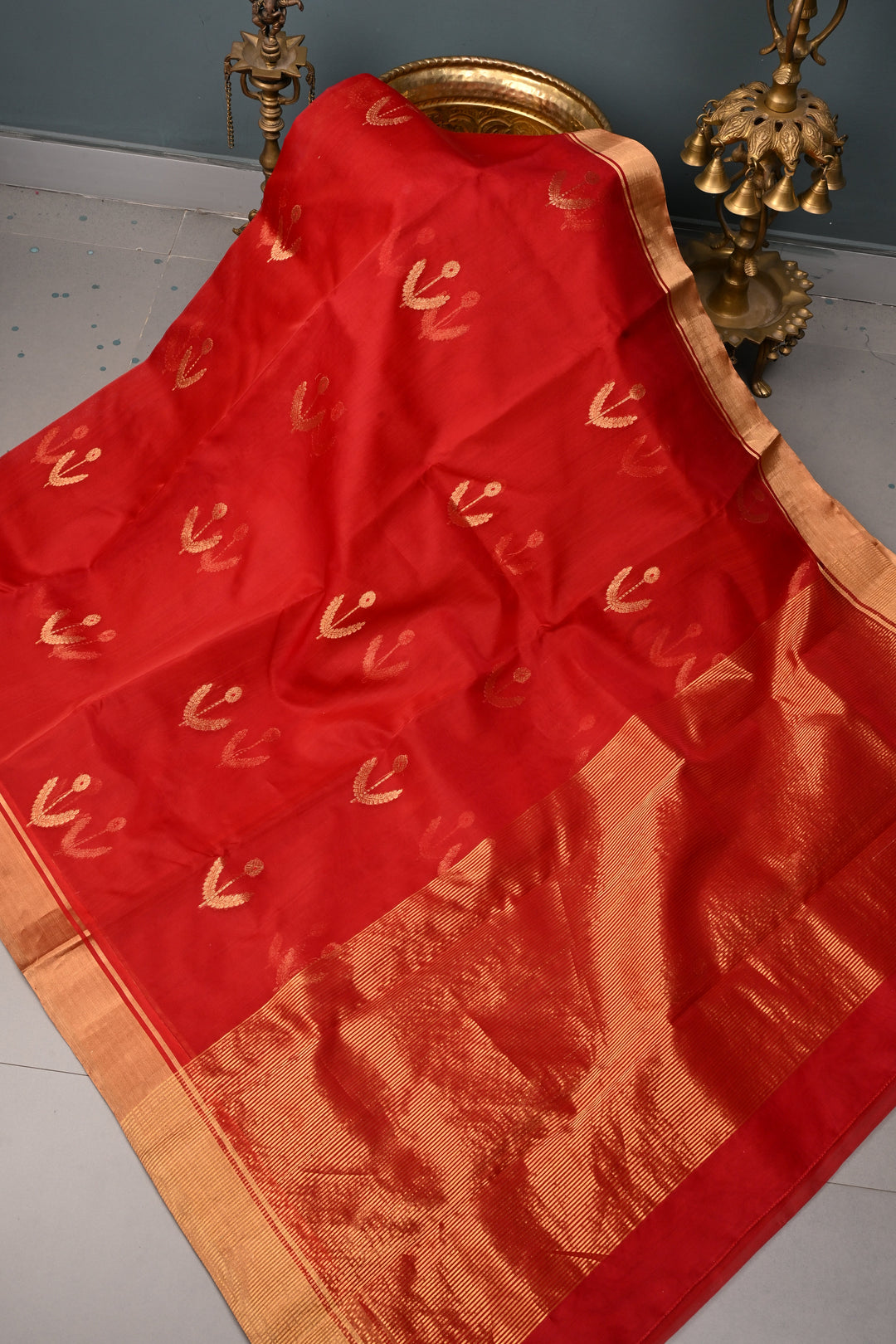 Blood Red Chanderi Silk Saree with Meenakari  Floral Zari Buttas and Tissue Zari Border | SHOBITAM