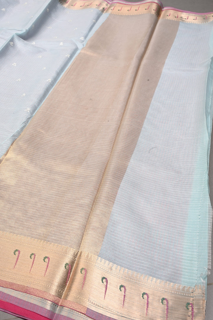 Baby Blue Floral Embroidery on Kota Doria Cotton Saree with Muniya Zari Border | SHOBITAM