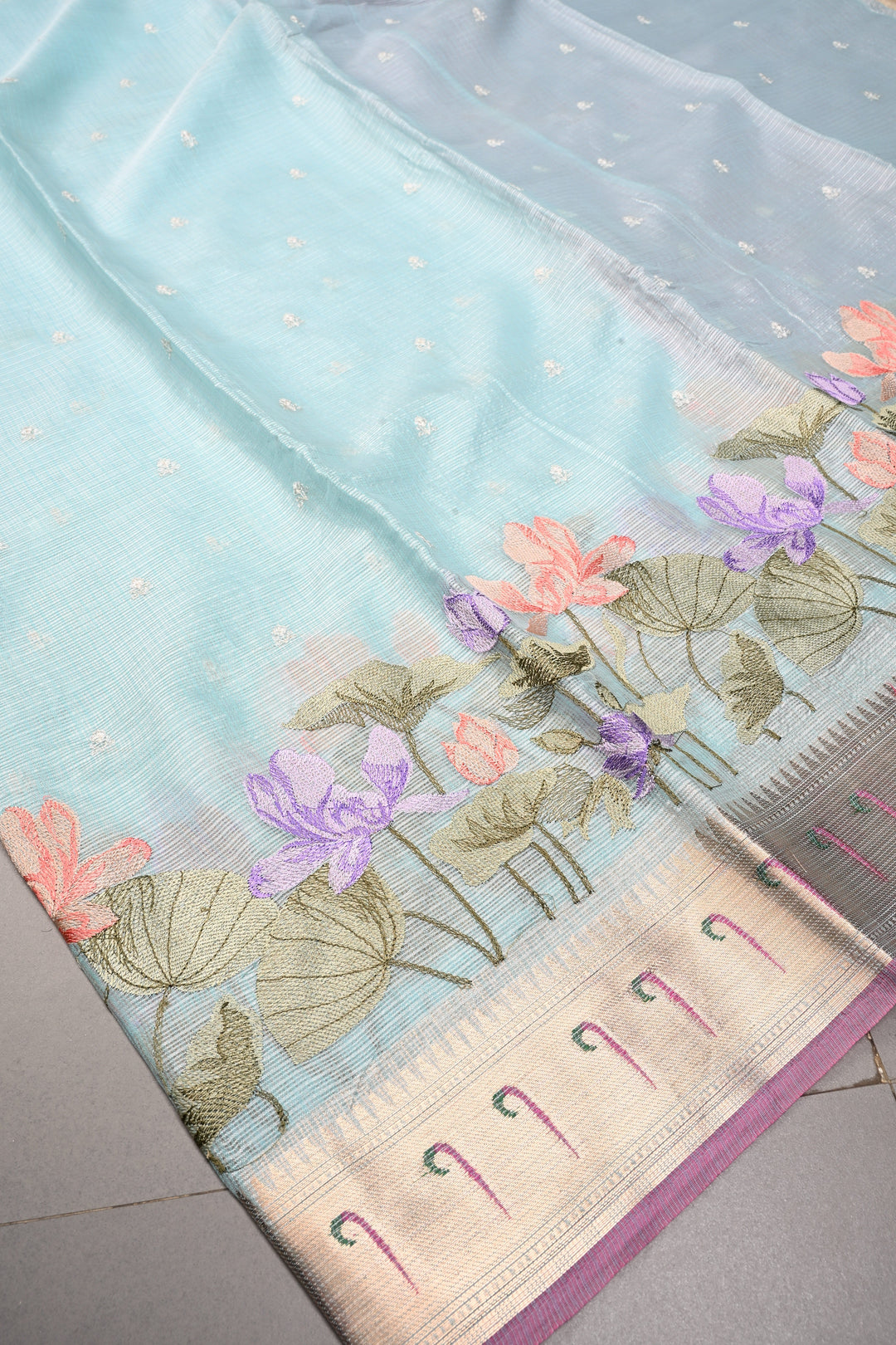 Baby Blue Floral Embroidery on Kota Doria Cotton Saree with Muniya Zari Border | SHOBITAM