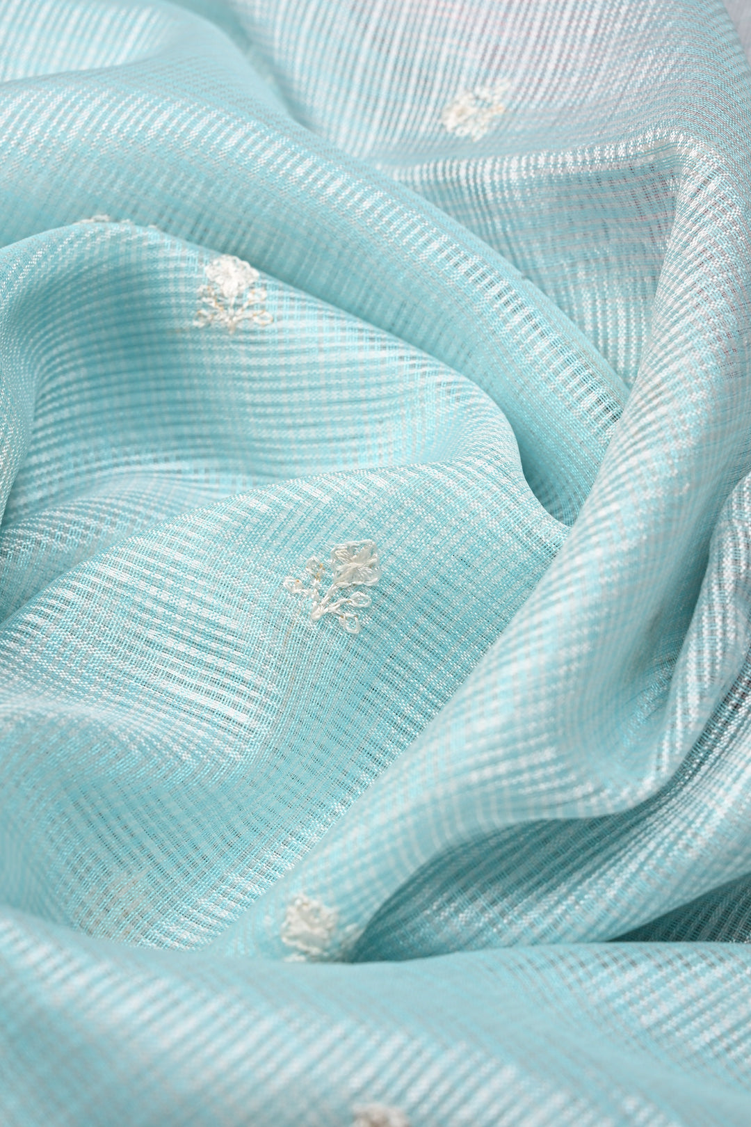 Baby Blue Floral Embroidery on Kota Doria Cotton Saree with Muniya Zari Border | SHOBITAM