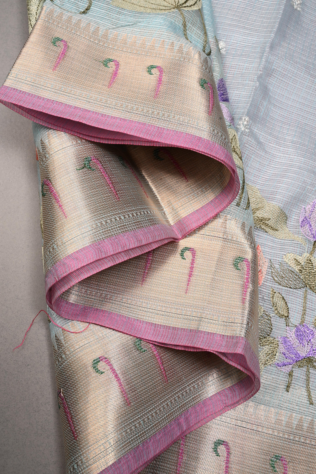 Baby Blue Floral Embroidery on Kota Doria Cotton Saree with Muniya Zari Border | SHOBITAM