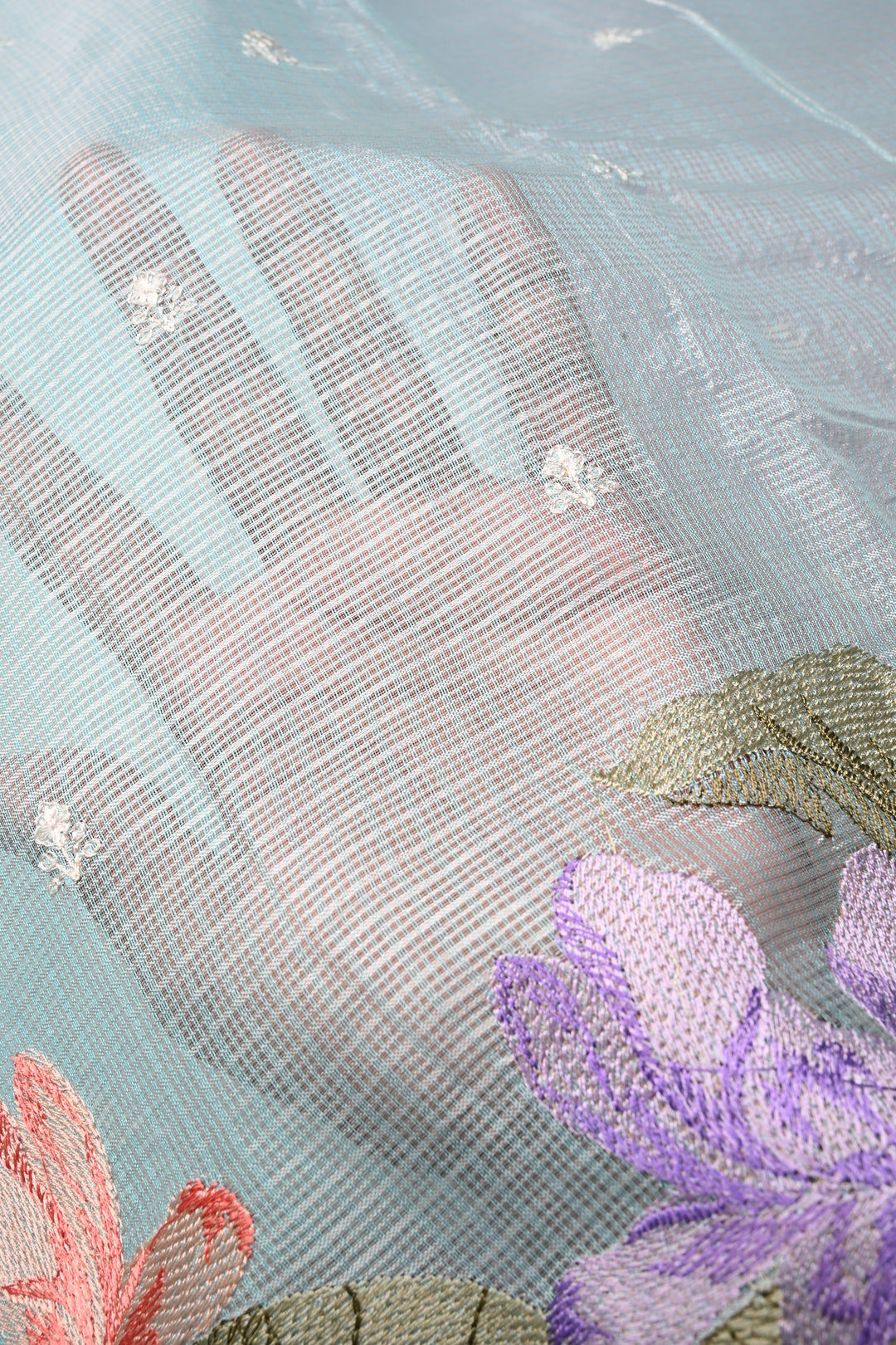 Baby Blue Floral Embroidery on Kota Doria Cotton Saree with Muniya Zari Border | SHOBITAM