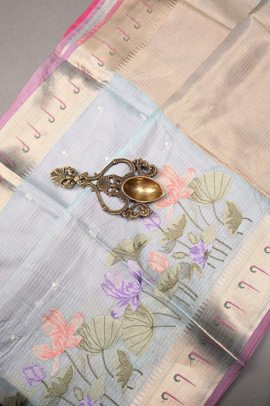 Baby Blue Floral Embroidery on Kota Doria Cotton Saree with Muniya Zari Border | SHOBITAM