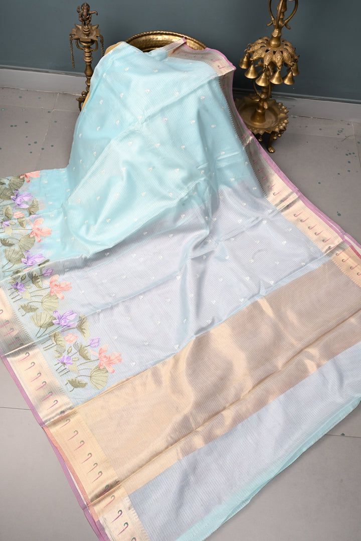Baby Blue Floral Embroidery on Kota Doria Cotton Saree with Muniya Zari Border | SHOBITAM