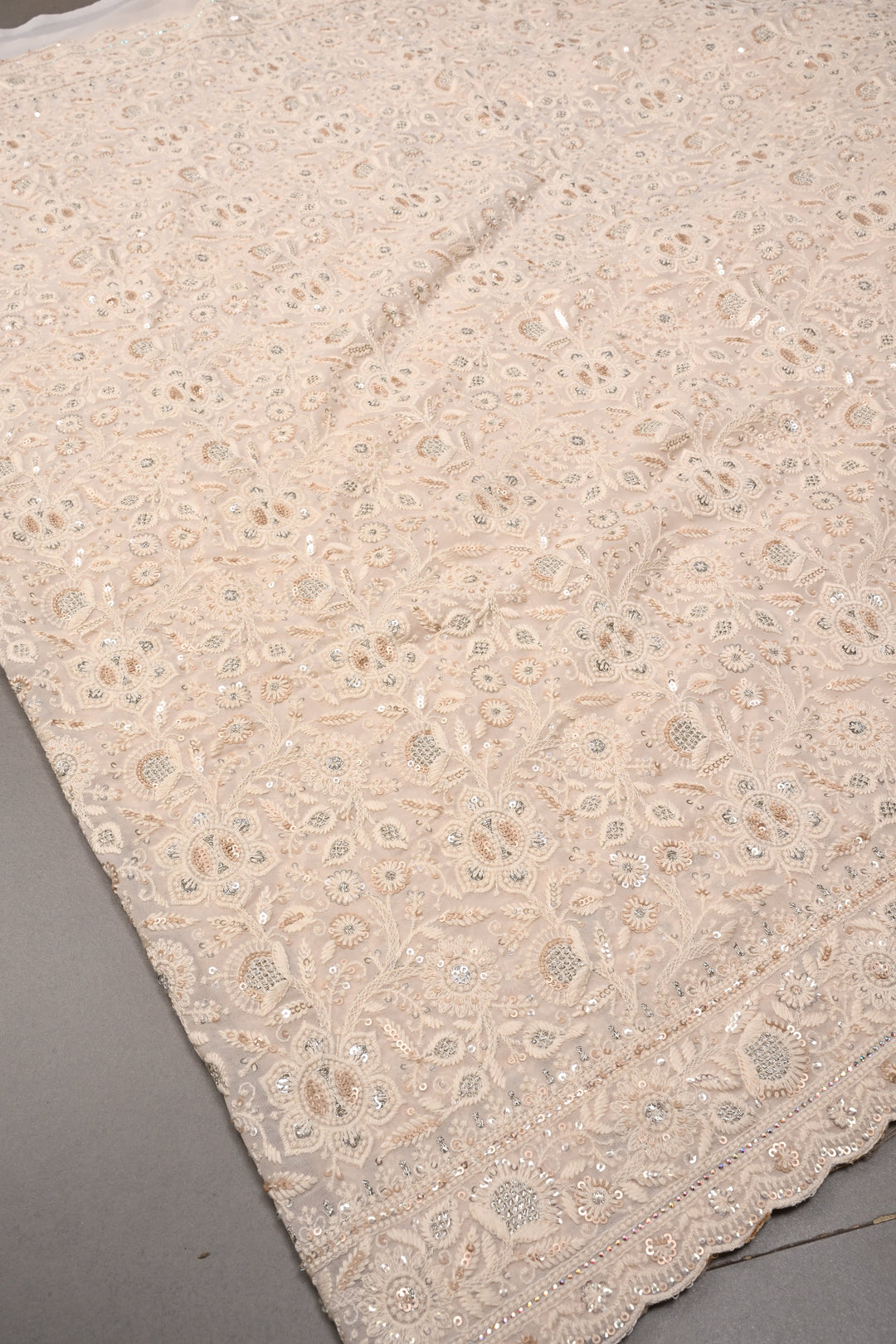 Off White Machine Emboidery with all over Sequins work on Georgette Saree | SHOBITAM