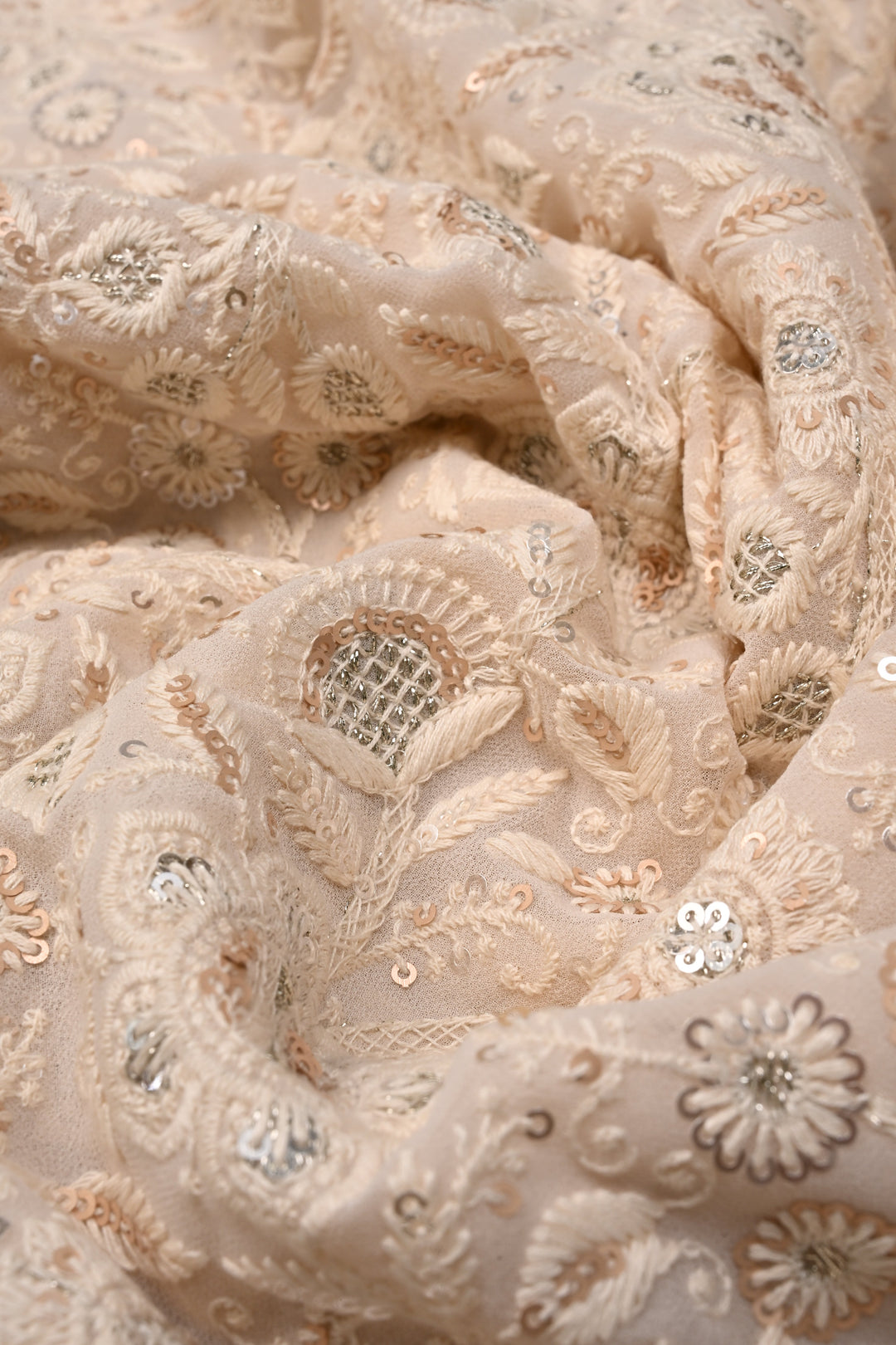 Off White Machine Emboidery with all over Sequins work on Georgette Saree | SHOBITAM
