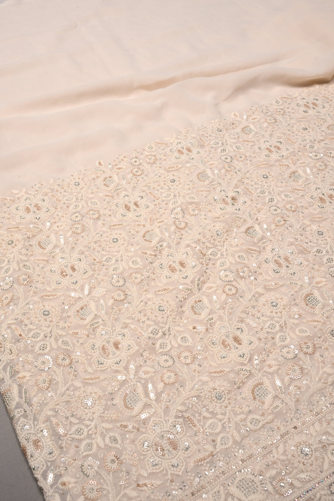 Off White Machine Emboidery with all over Sequins work on Georgette Saree | SHOBITAM