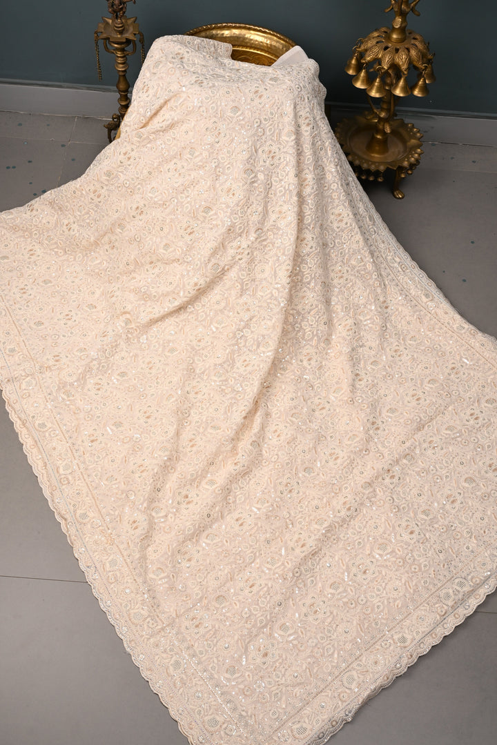Off White Machine Emboidery with all over Sequins work on Georgette Saree | SHOBITAM