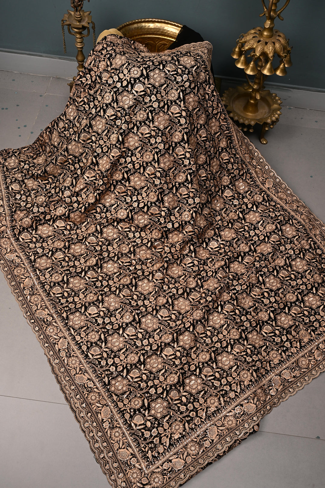 Black Machine Emboidery with all over Sequins work  on Georgette Saree | SHOBITAM