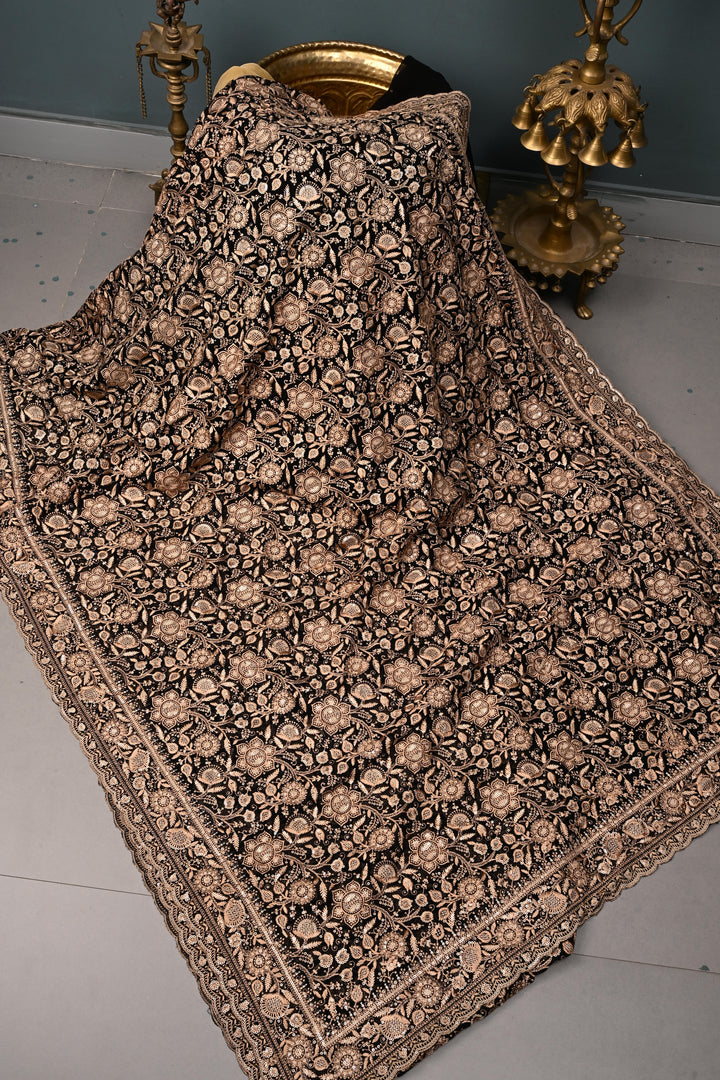 Black Machine Emboidery with all over Sequins work  on Georgette Saree | SHOBITAM
