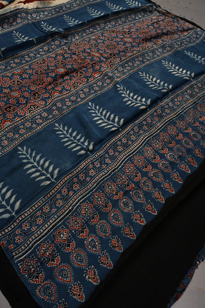 Beige-Blue-Red Hand Block Print on Modal Silk Saree with Vertical Stripes Pattern and Ajrakh Border-Pallu | SHOBITAM