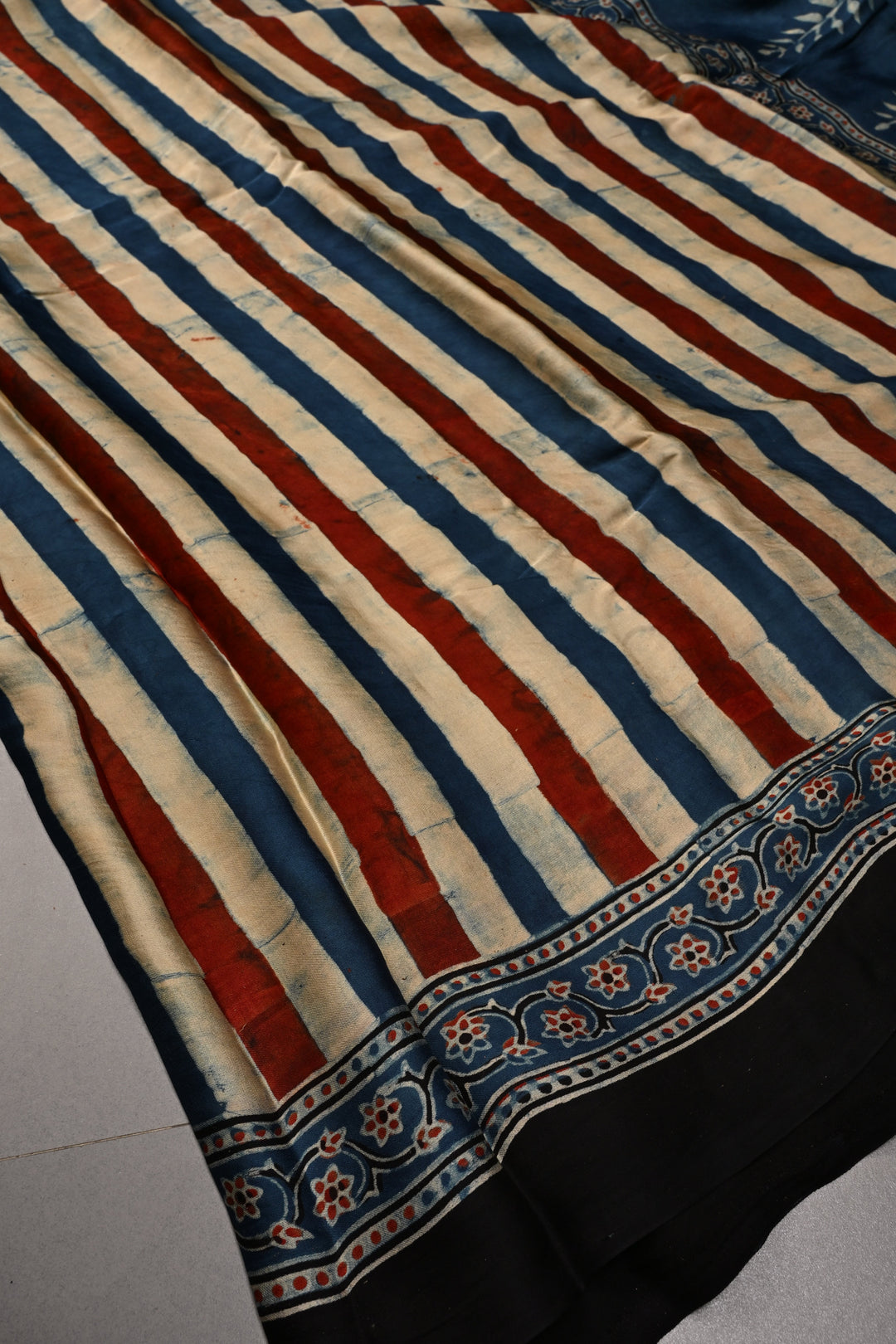 Beige-Blue-Red Hand Block Print on Modal Silk Saree with Vertical Stripes Pattern and Ajrakh Border-Pallu | SHOBITAM