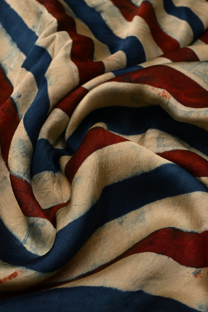 Beige-Blue-Red Hand Block Print on Modal Silk Saree with Vertical Stripes Pattern and Ajrakh Border-Pallu | SHOBITAM