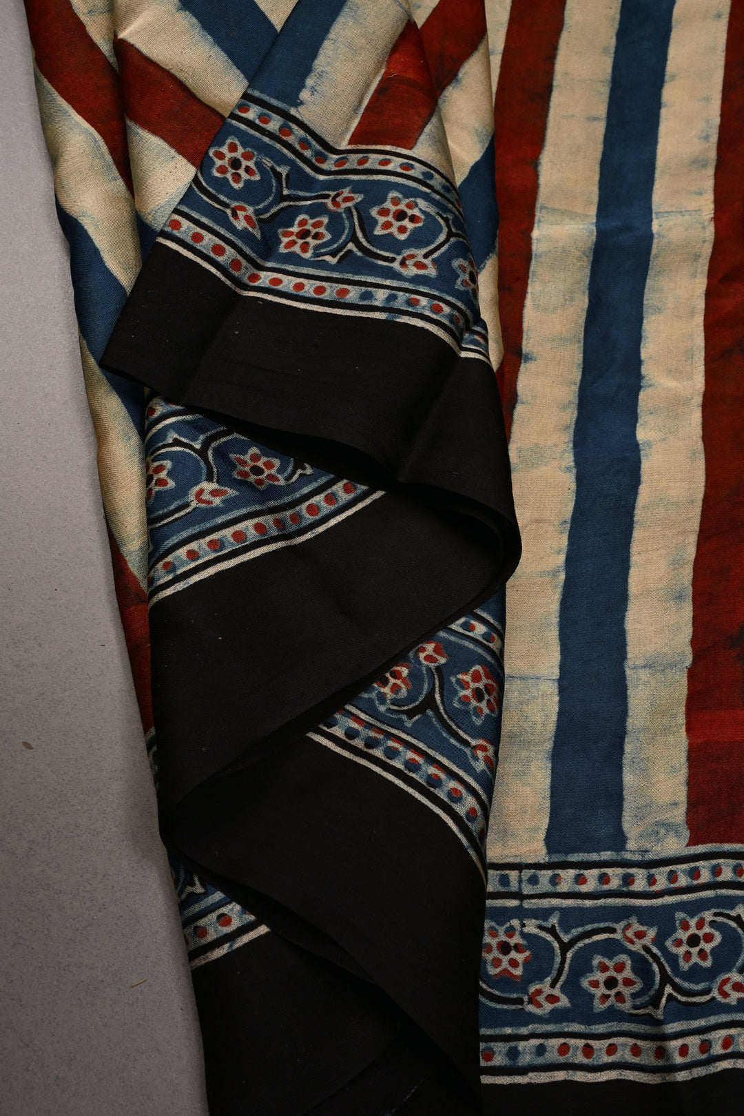 Beige-Blue-Red Hand Block Print on Modal Silk Saree with Vertical Stripes Pattern and Ajrakh Border-Pallu | SHOBITAM