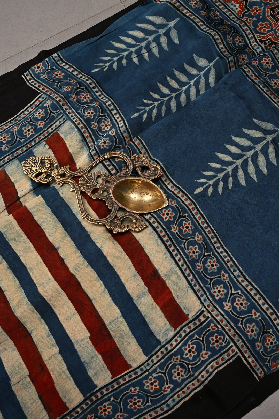 Beige-Blue-Red Hand Block Print on Modal Silk Saree with Vertical Stripes Pattern and Ajrakh Border-Pallu | SHOBITAM