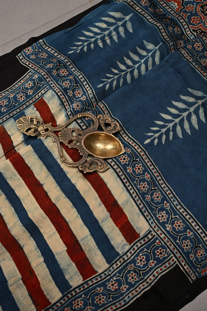 Beige-Blue-Red Hand Block Print on Modal Silk Saree with Vertical Stripes Pattern and Ajrakh Border-Pallu | SHOBITAM