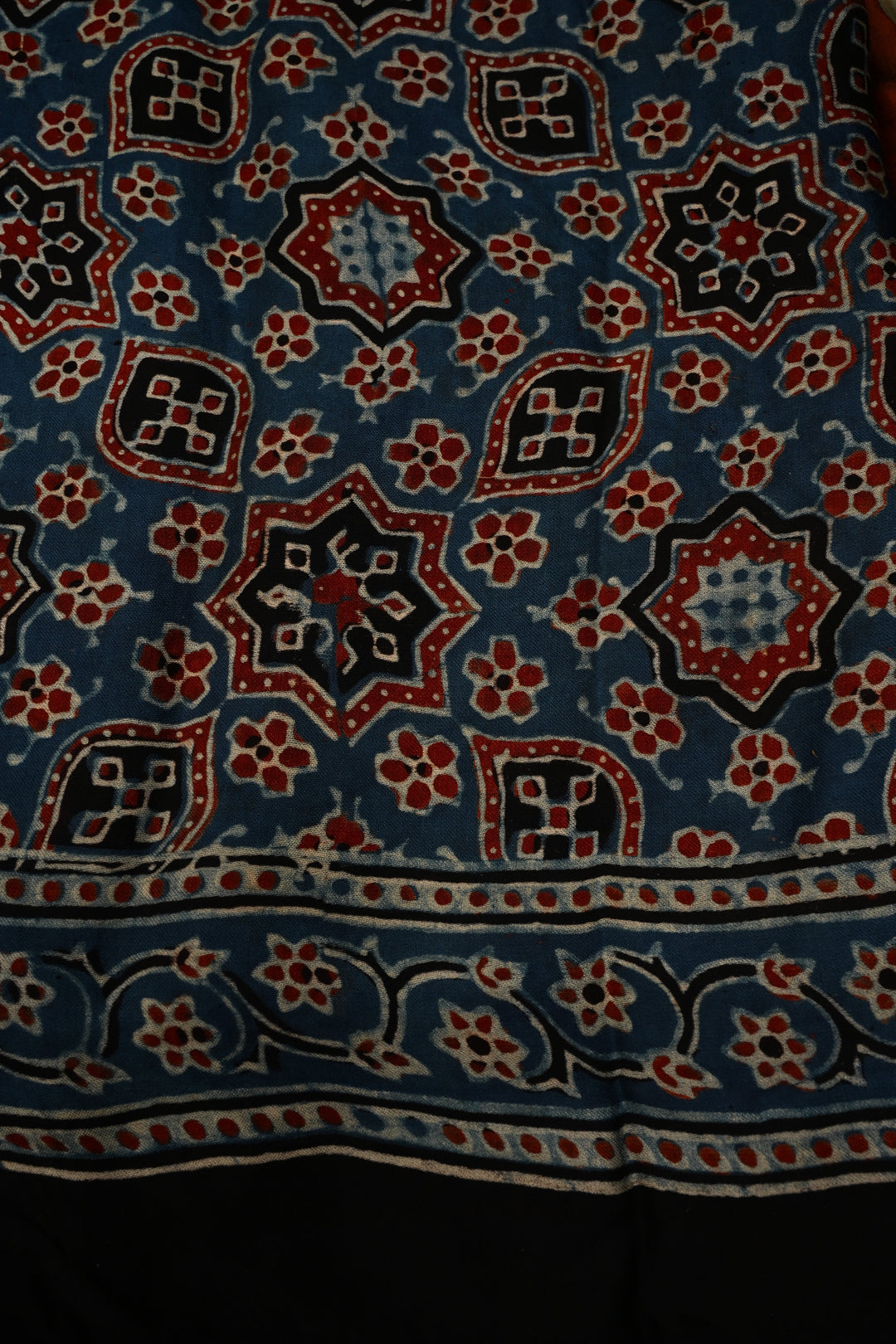 Beige-Blue-Red Hand Block Print on Modal Silk Saree with Vertical Stripes Pattern and Ajrakh Border-Pallu | SHOBITAM