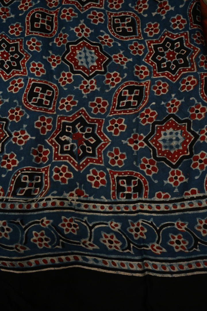 Beige-Blue-Red Hand Block Print on Modal Silk Saree with Vertical Stripes Pattern and Ajrakh Border-Pallu | SHOBITAM