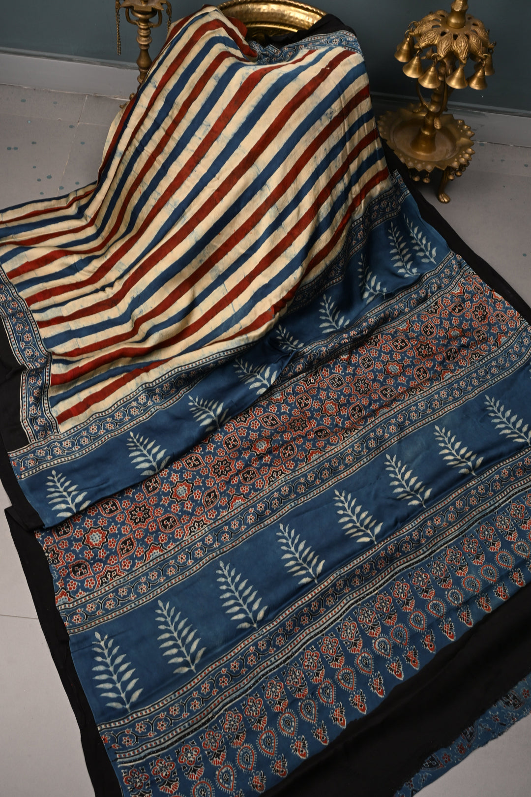 Beige-Blue-Red Hand Block Print on Modal Silk Saree with Vertical Stripes Pattern and Ajrakh Border-Pallu | SHOBITAM